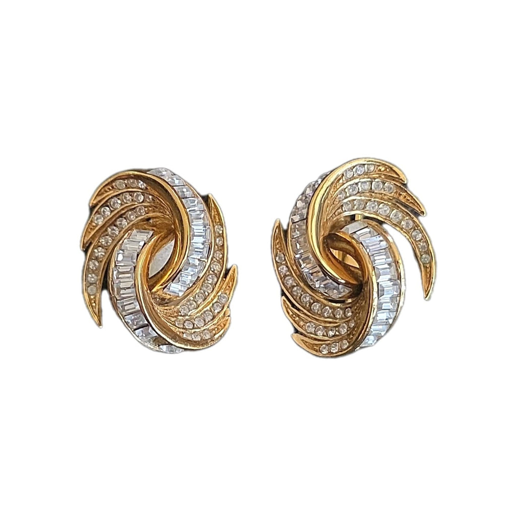 Vintage Art Deco 1980s Attwood Gold Plated Crystal Earring Clip On Signed A&S