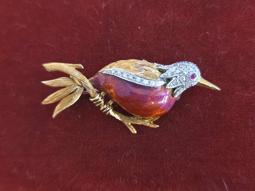 Retro Ruby Diamond Enamel 18k Yellow Gold Red Bird Brooch