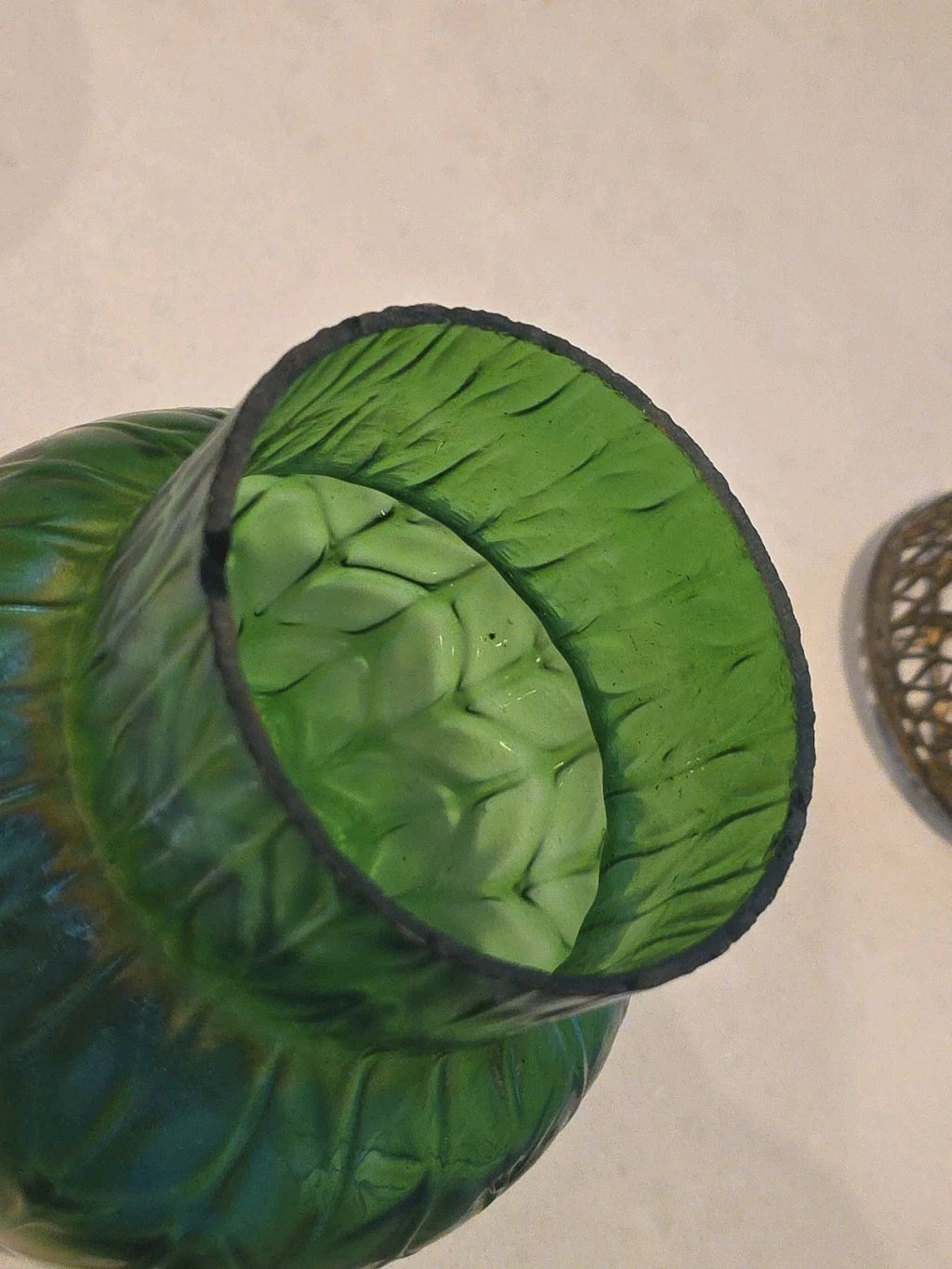 Early 20th c Loetz Style Green Iridescent Art Glass Vase w/Brass Filigree Collar