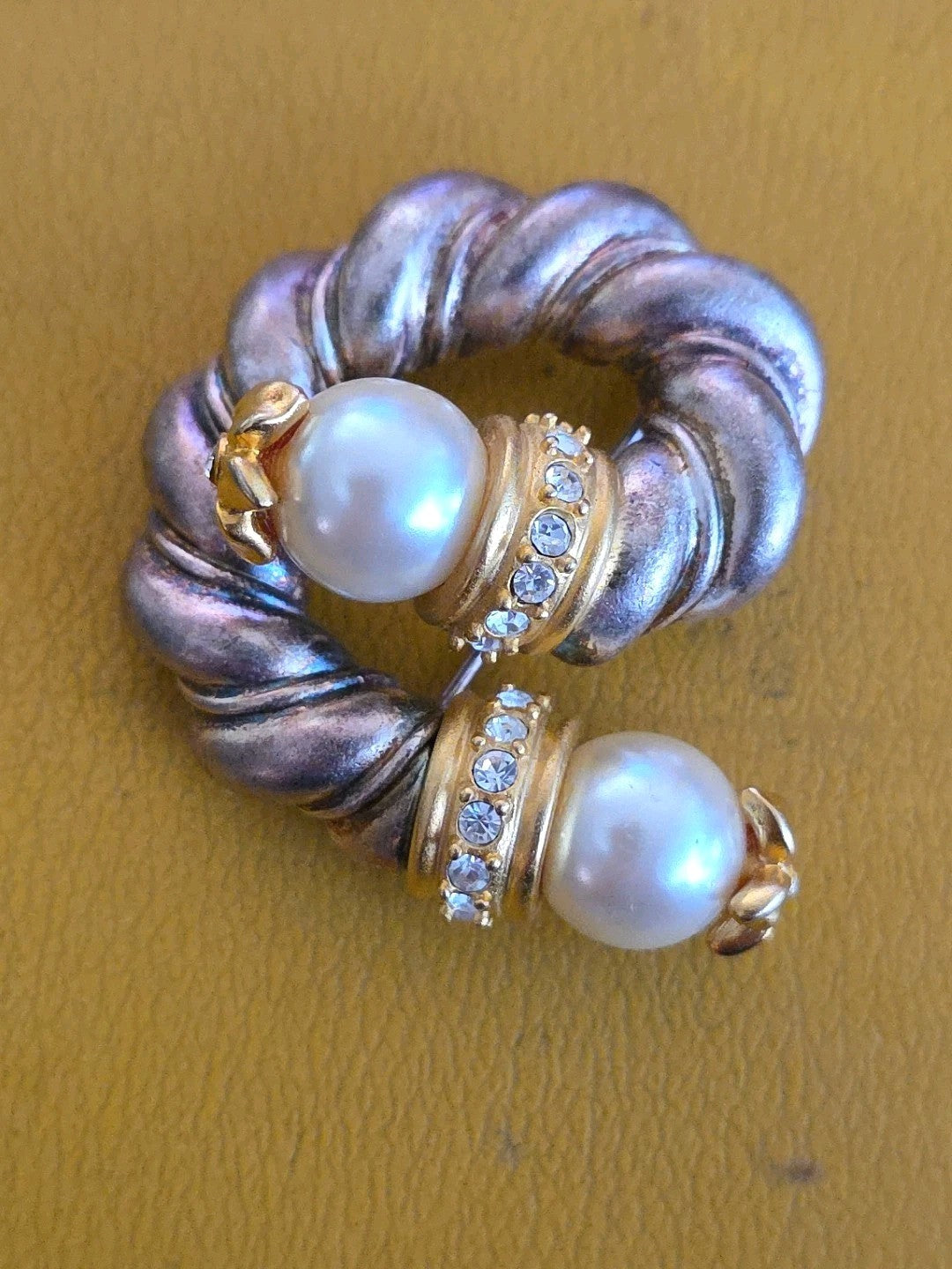 VintageJesara  Signed Two Tone Gold Tone Faux Pearl Rhinestone Brooch Pin