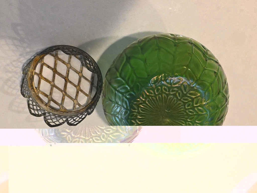 Early 20th c Loetz Style Green Iridescent Art Glass Vase w/Brass Filigree Collar