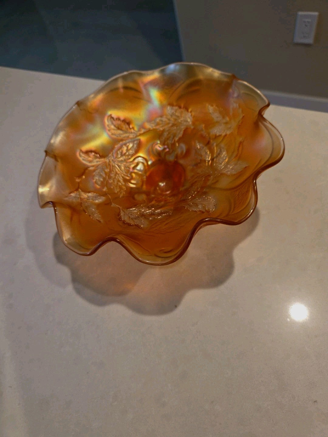 Dugan Amethyst Carnival Glass Cherries Three Footed Antique Bowl 1910s