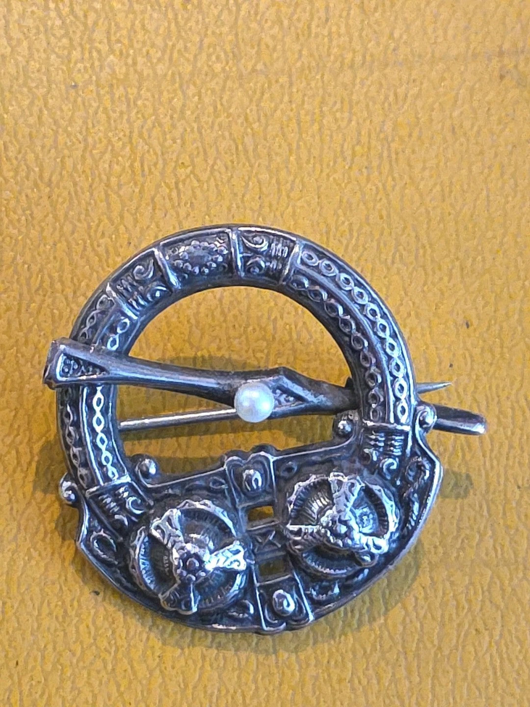 Antique Sterling Penannular W Sea Serpent & Pearl 1918