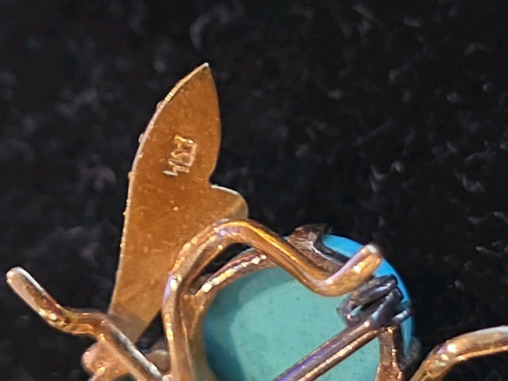 Vintage Turquoise 18K Yellow Gold Ruby 3D Bumble Bee Pin Brooch