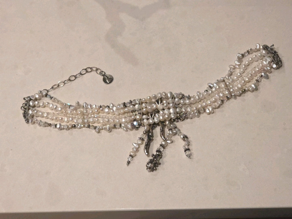 Vtg Sterling Mummy Necklace Choker MARY & DOUG HANCOCK Signed Freshwater Pearl