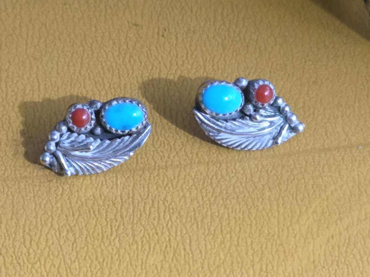 Blue Turquoise Red Coral Squash Blossom Sterling Silver 925 Post Earrings #730