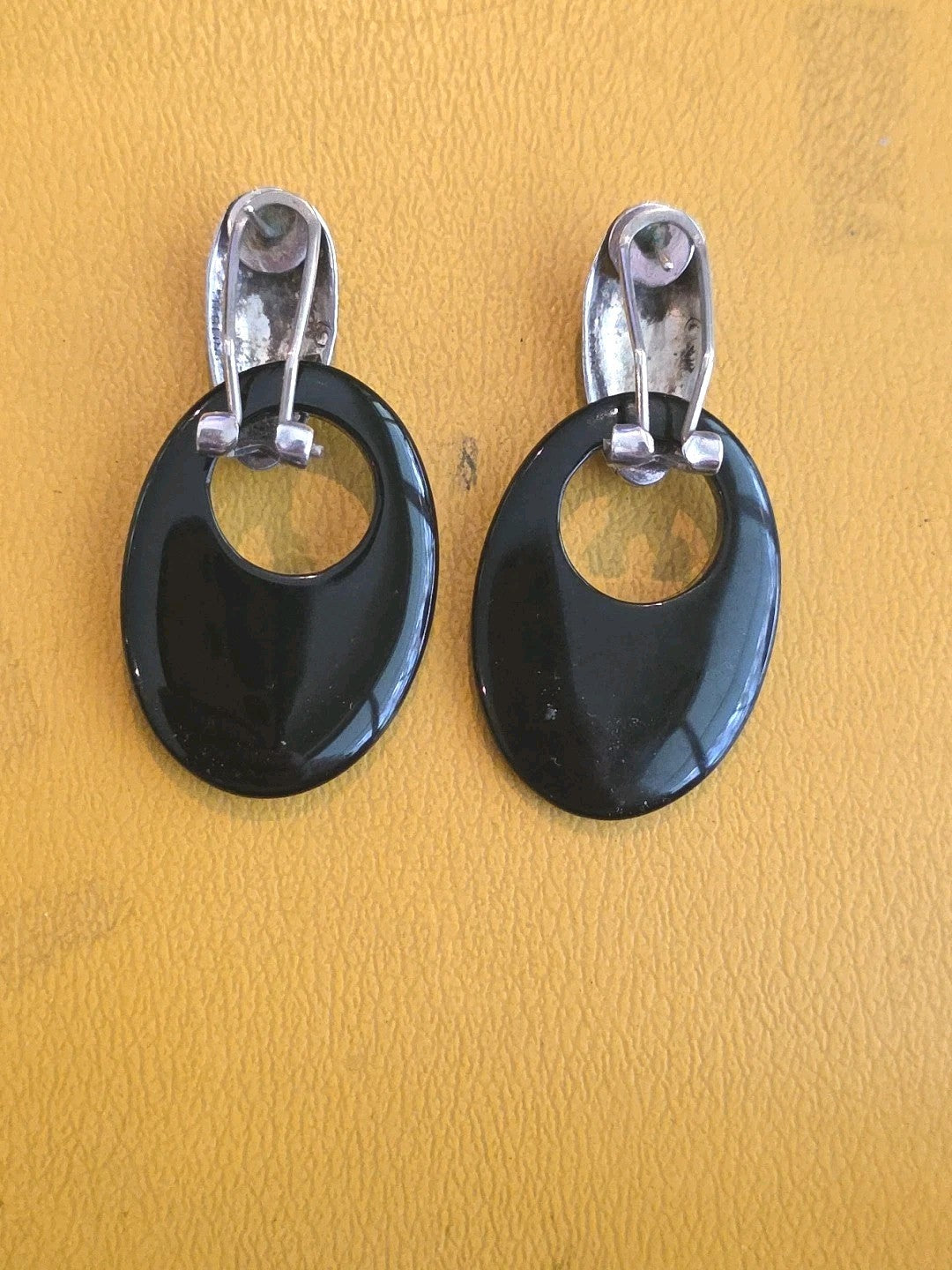 Vintage Round Taxco Mexico 925 Sterling Silver Black Onyx Dangle Earrings