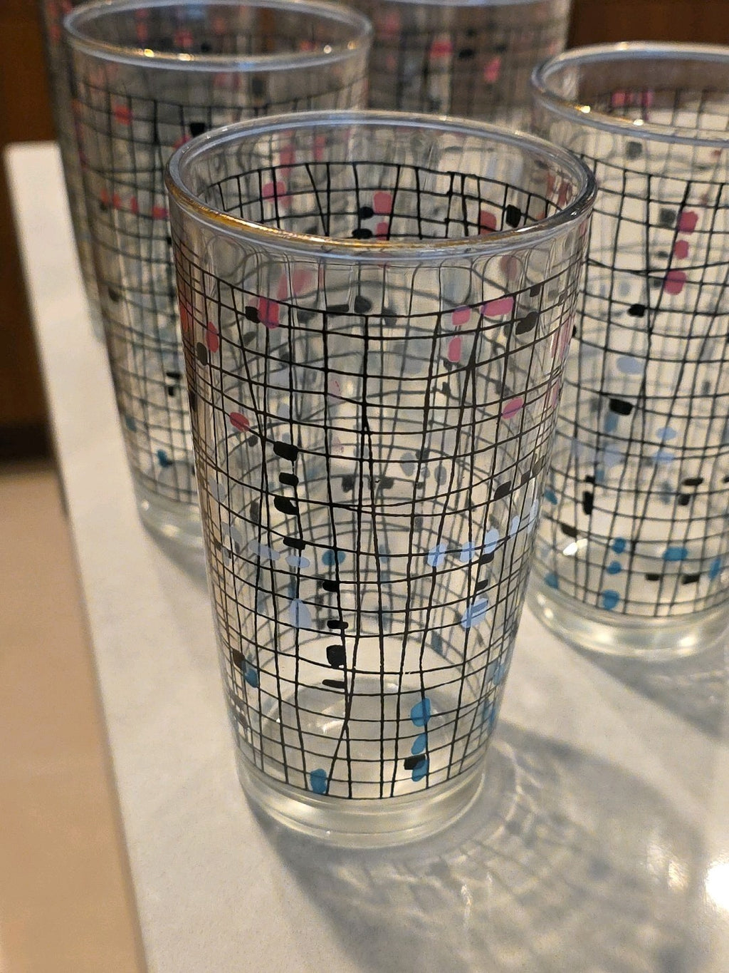 7 Vintage 1950’s Hazel Atlas Geometric Crosshatch Drinking Glasses Tumblers
