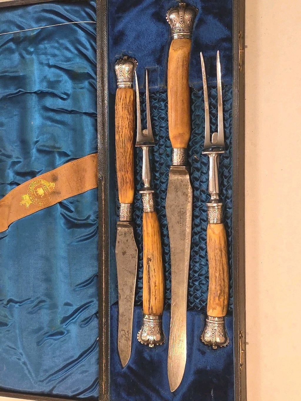 Antique Sterling & Stag Handle 4 Piece Carving Set Joseph Haywood & Co