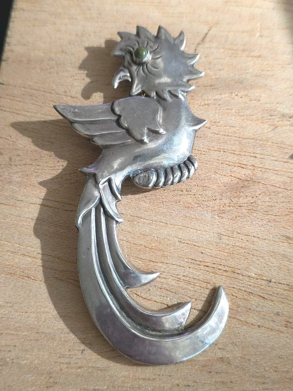 Mexican Sterling Silver Heraldic Quetzal Bird Phoenix Eagle Brooch Pin 3 1/2"