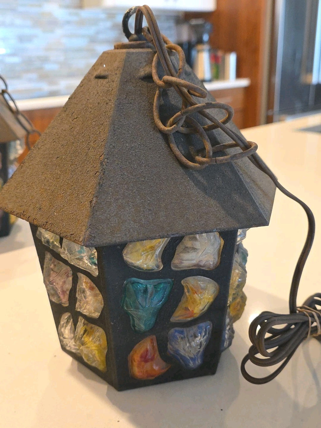 1950 Peter Marsh MultiColored Leaded Chunky Rock Glass Hanging Swag Lantern