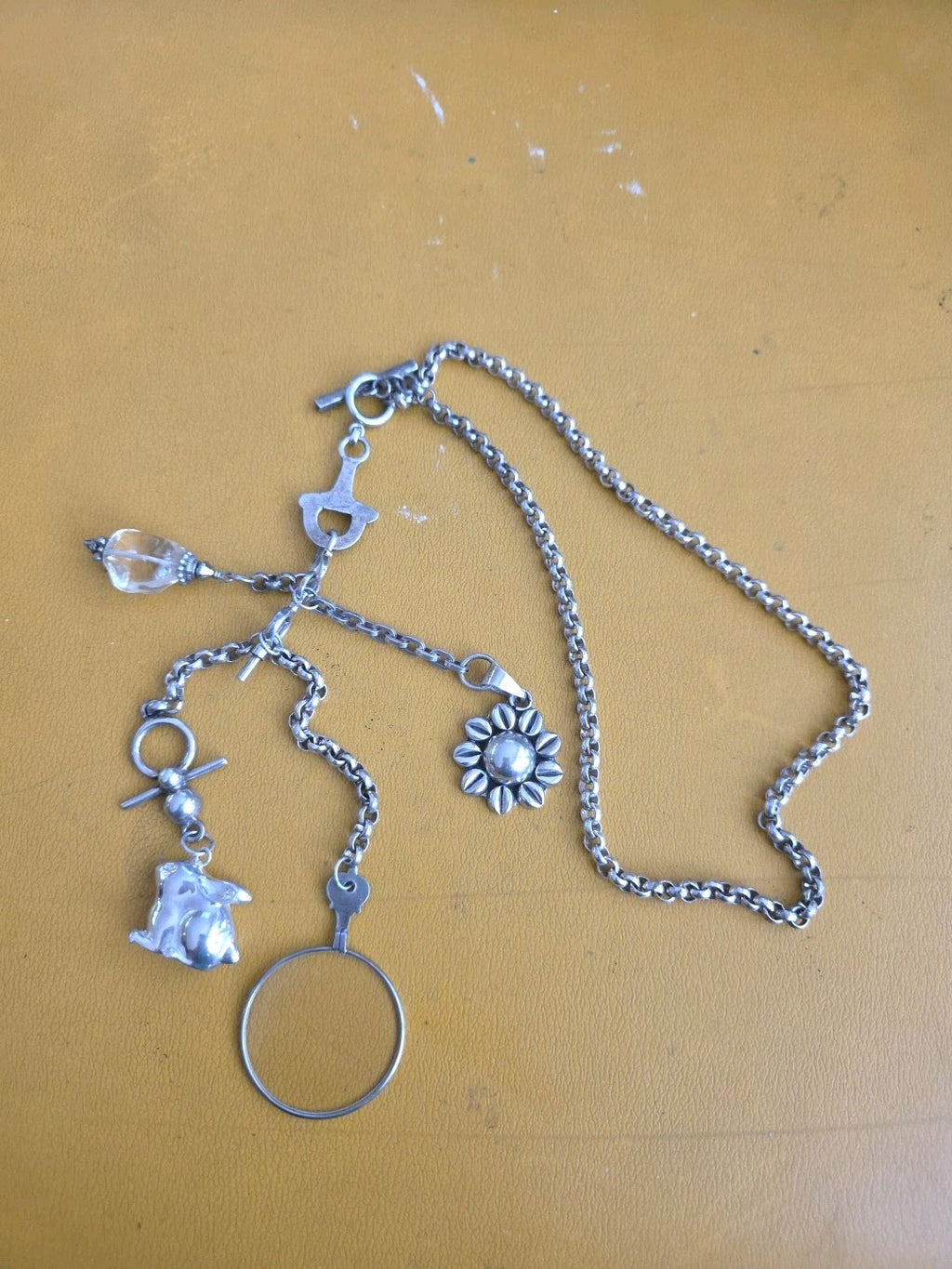 Antique Fine Sterling Silver Albert Graded Links Chain With 4 Charms Necklace