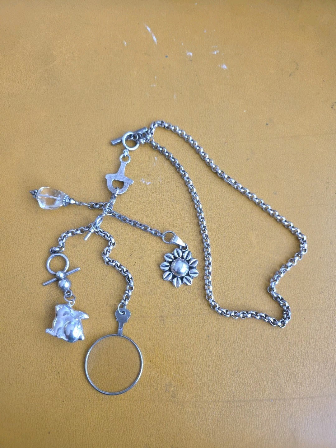 Antique Fine Sterling Silver Albert Graded Links Chain With 4 Charms Necklace