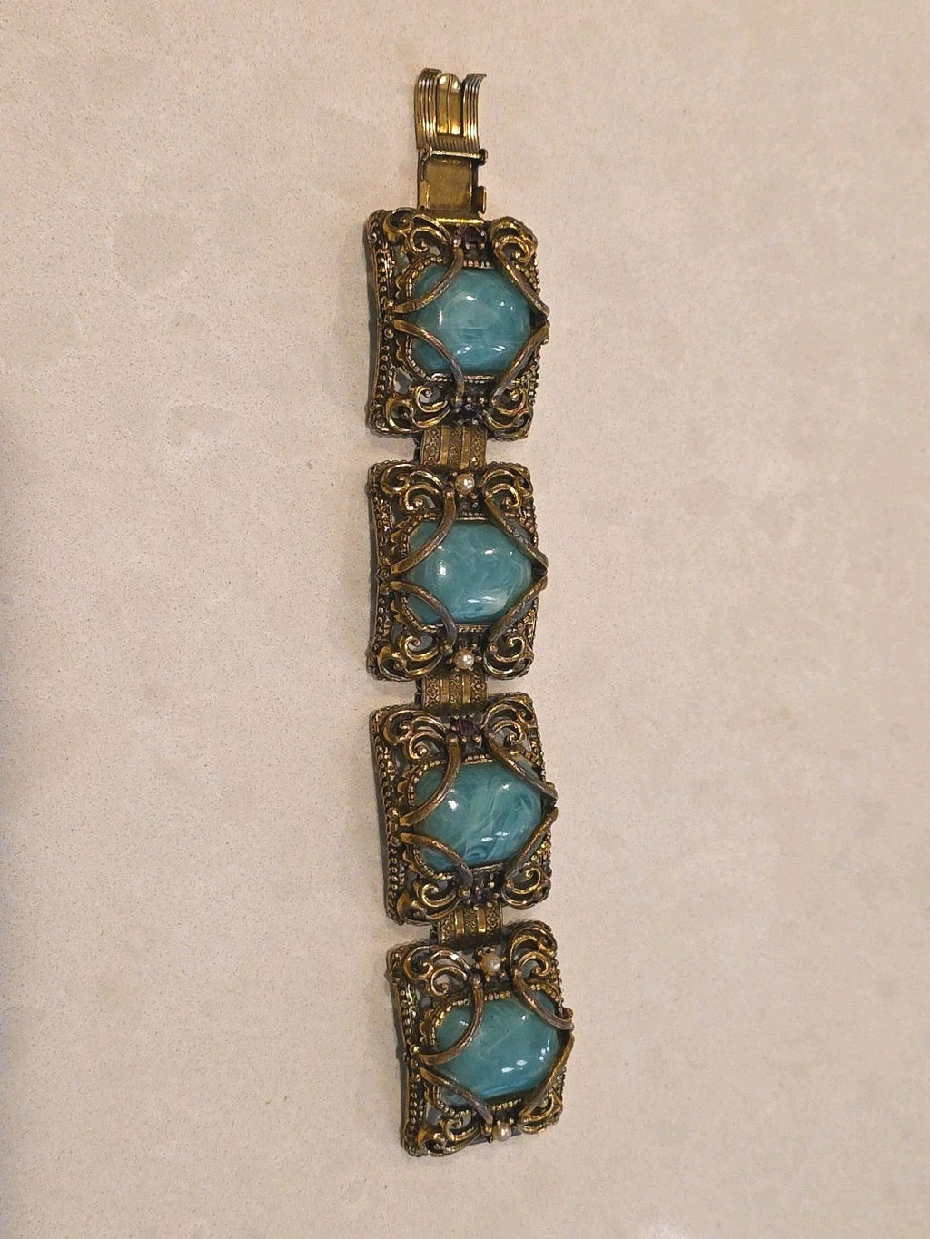 Beautiful Antique Vintage Art Nouveau Book Chain Jade Brass Amethyst Bracelet
