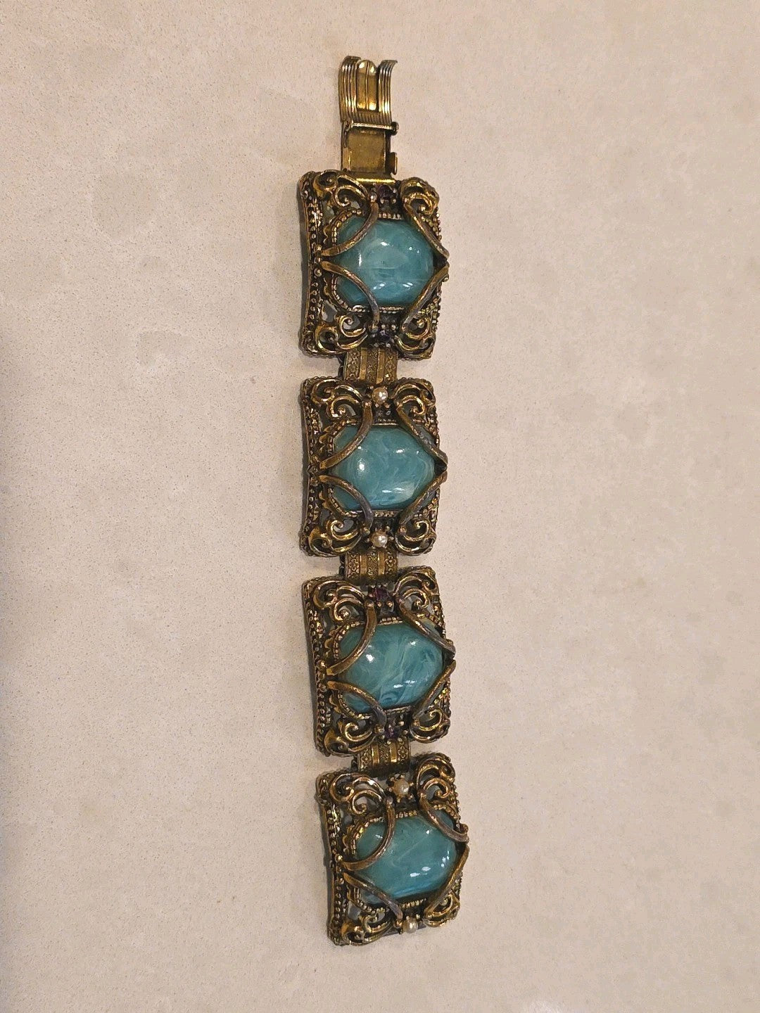 Beautiful Antique Vintage Art Nouveau Book Chain Jade Brass Amethyst Bracelet