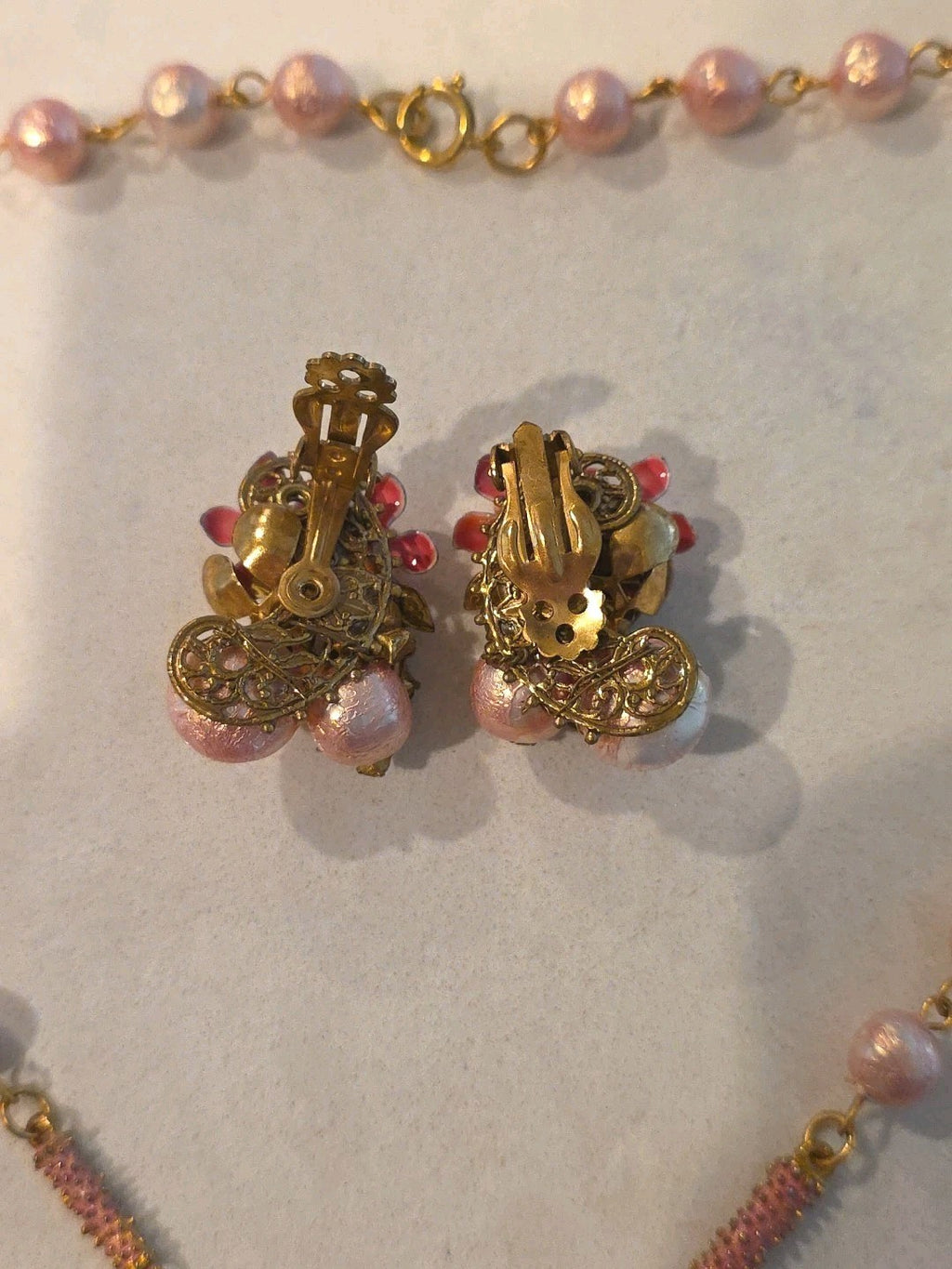 Rare Unmarked Mariam Haskell Pink & Pearl Ornate Classic Necklace & Earrings Set