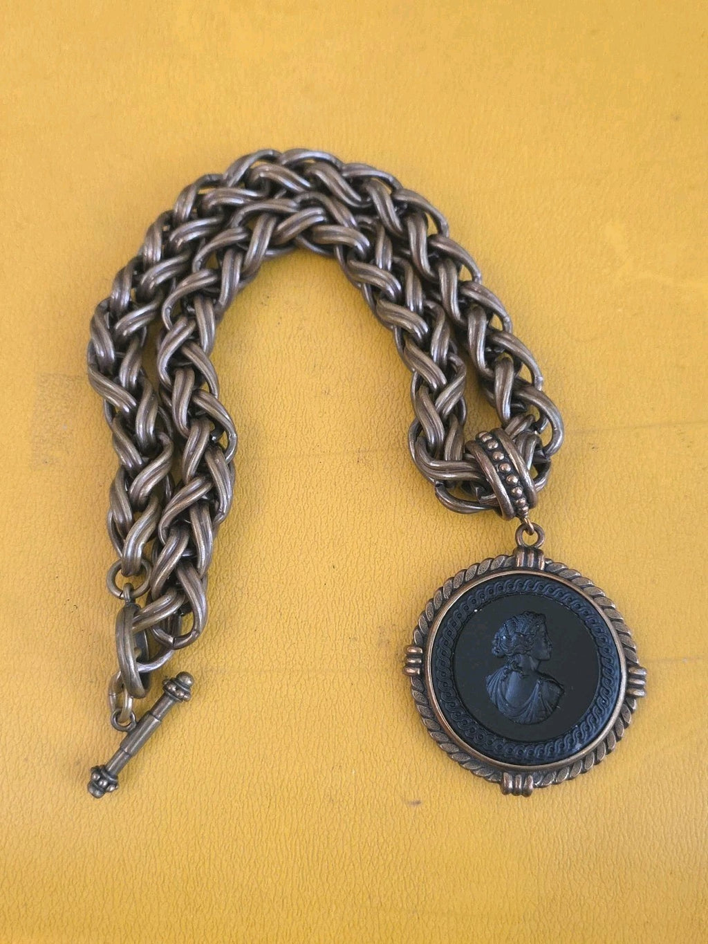 EXTASIA Thick Bronze Rope Chain & Intaglio Jet Glass Cameo Necklace