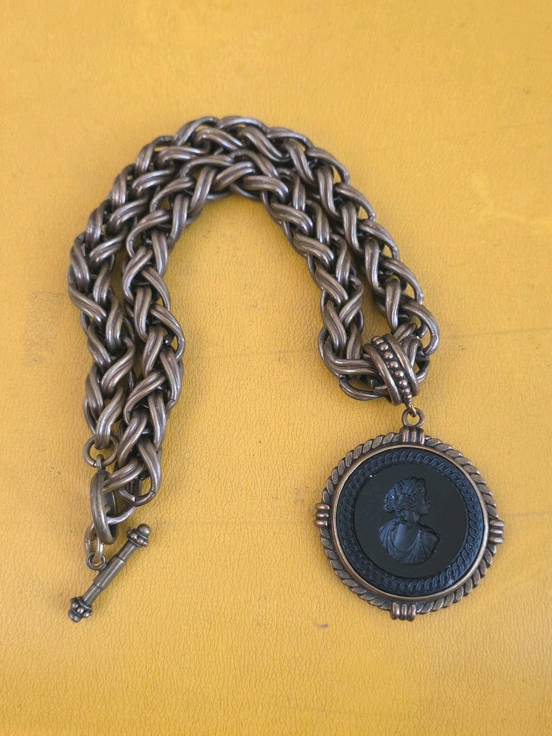 EXTASIA Thick Bronze Rope Chain & Intaglio Jet Glass Cameo Necklace