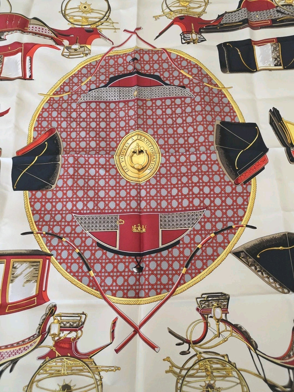 Hermes Scarf HERMES Scarf Carre 90 Silk Twill Carriage Motif Bordeaux White HERM