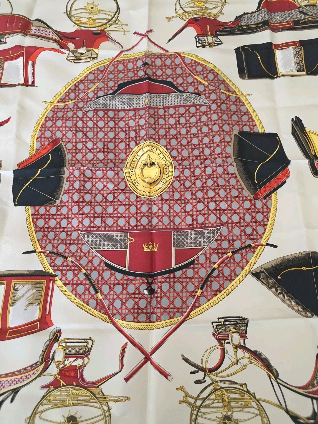 Hermes Scarf HERMES Scarf Carre 90 Silk Twill Carriage Motif Bordeaux White HERM