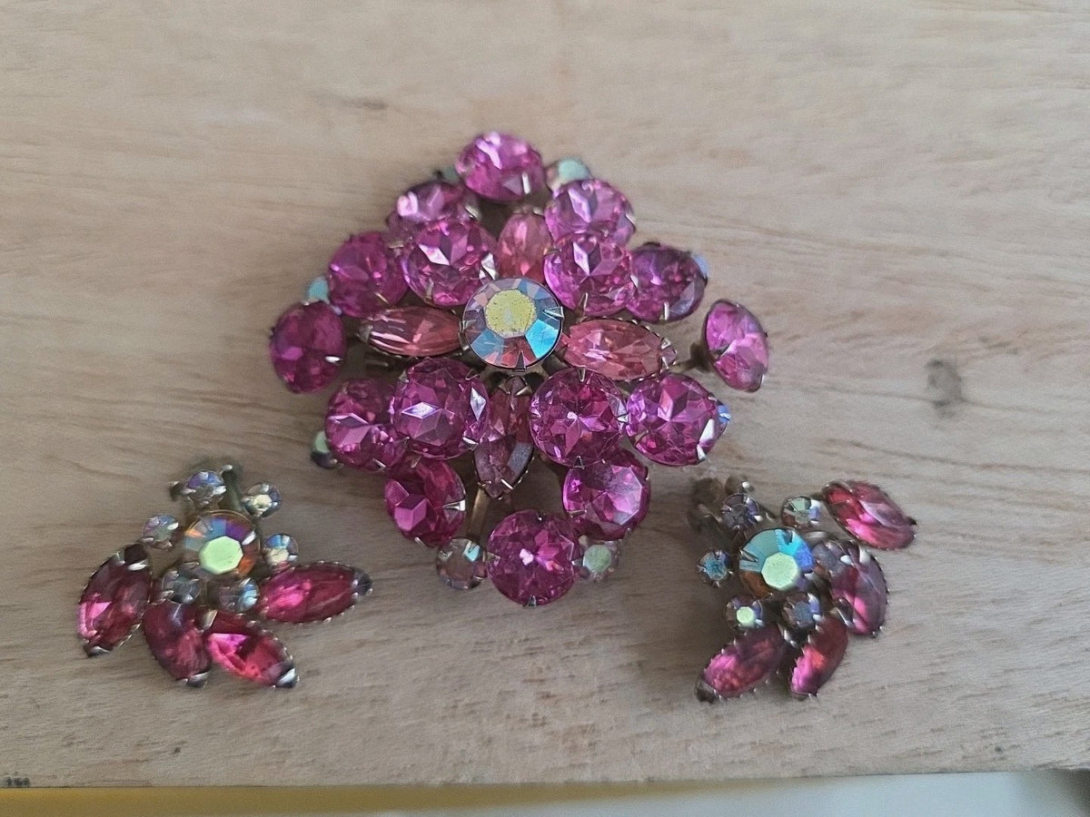 Vintage Rhinestone Dome Brooch Crystal Fuchsia Pink Red Garnet Layered Earrings
