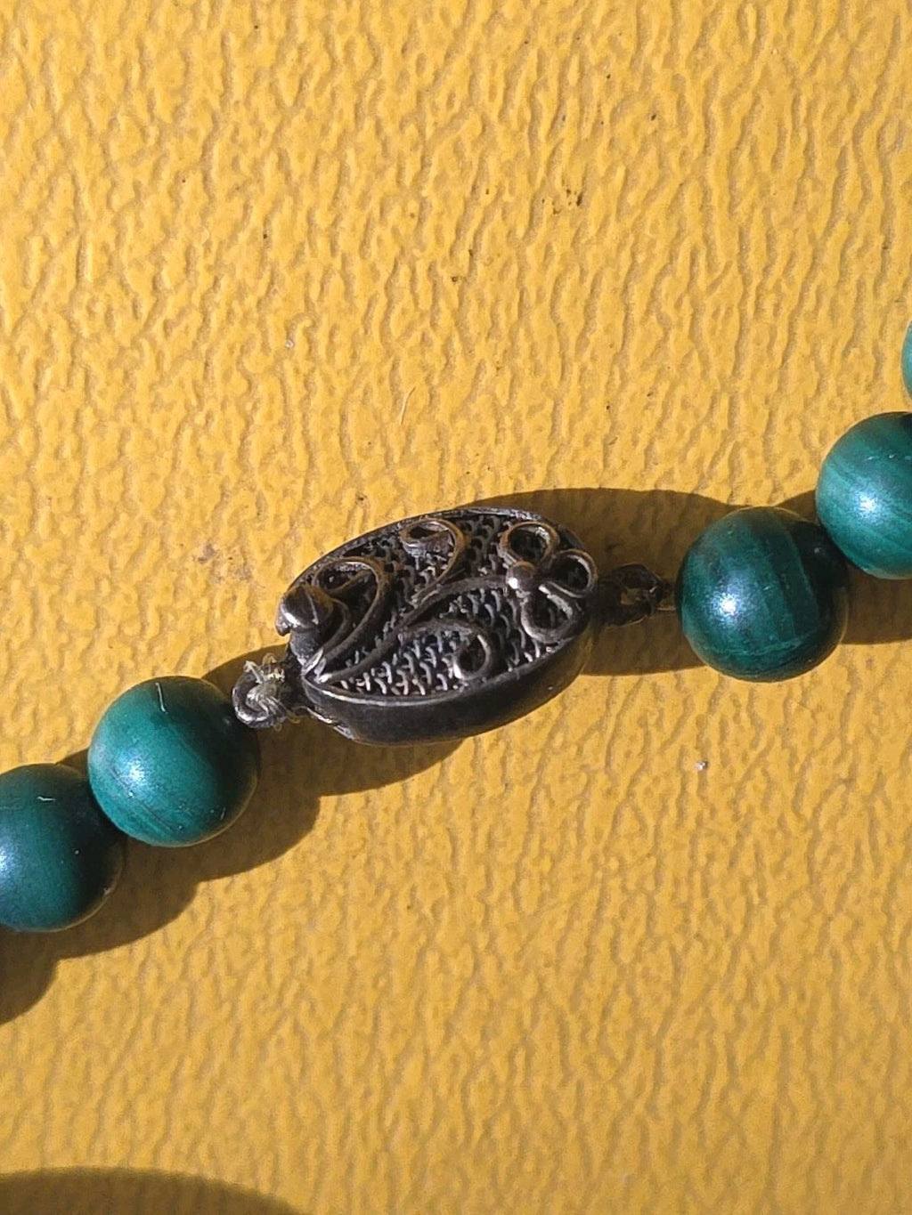 Vintage Genuine Malachite Long Strand Bead Necklace 30" Gold Beads