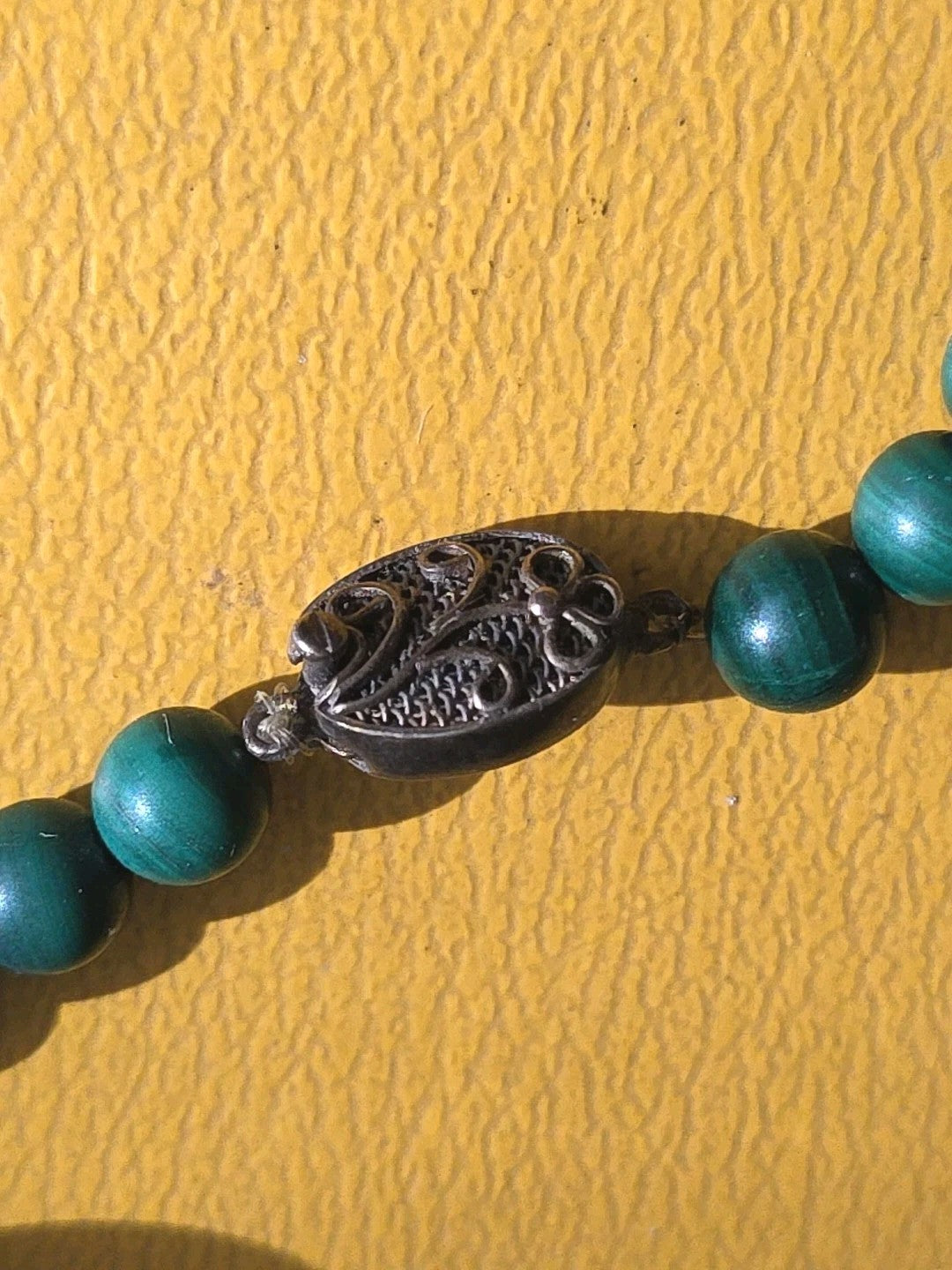 Vintage Genuine Malachite Long Strand Bead Necklace 30" Gold Beads