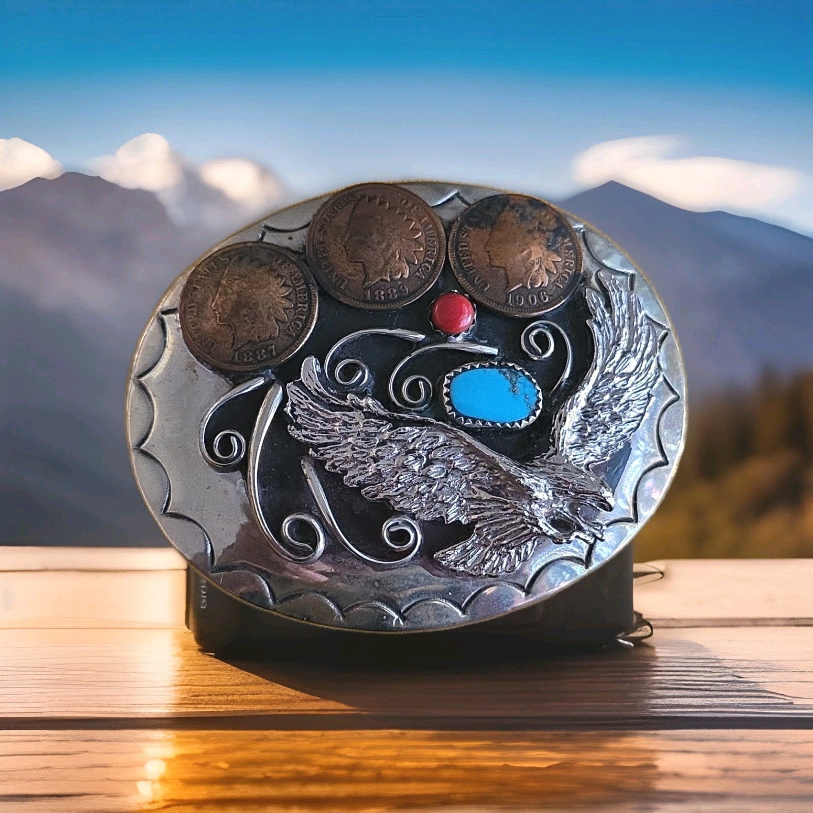 Squaw Wrap Flying Eagle Native Indian Head Pennies Coral & Turquoise Belt Buckle