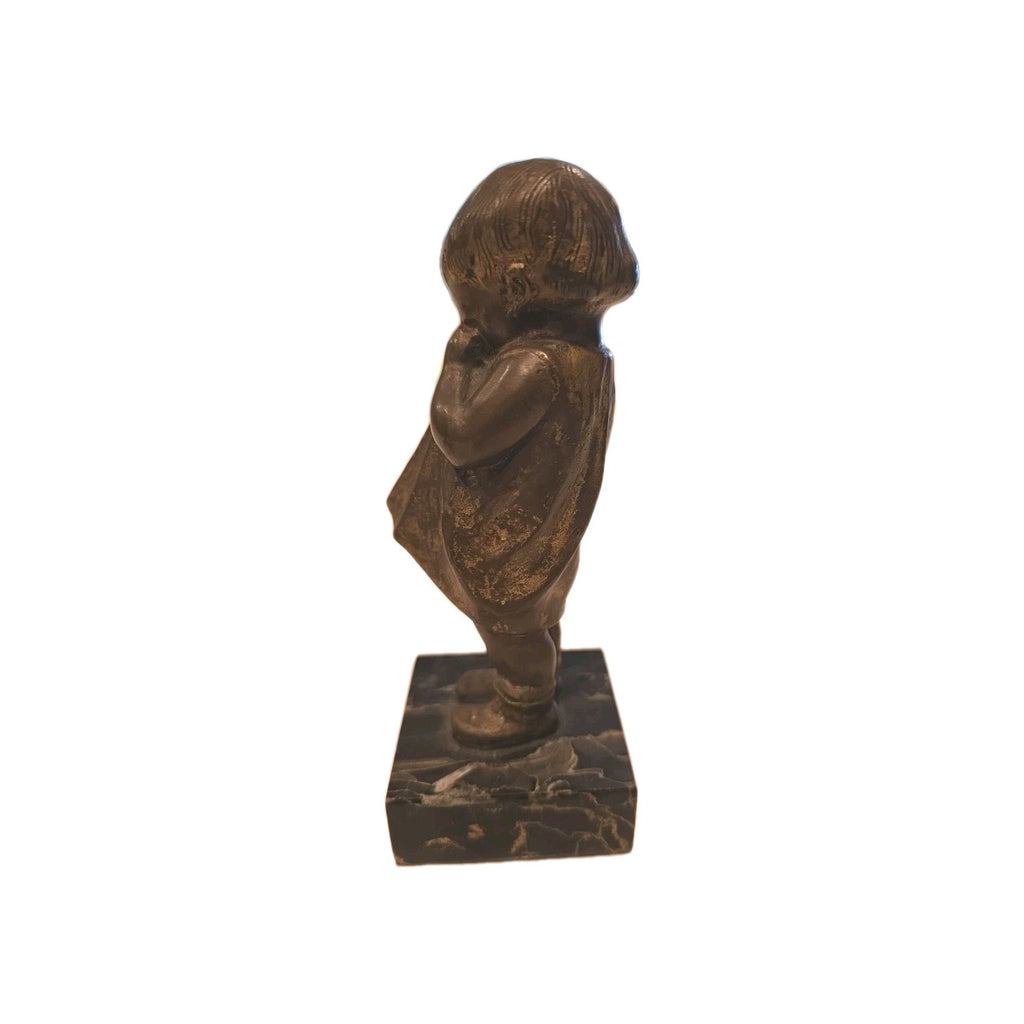 Cast Bronze Figurine Of A Boy Crying Into His Shirt On A Marble Plinth Vintage