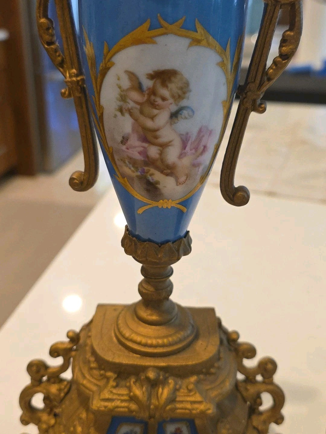 Pair 13" Sevres Style Hand Painted Porcelain Twin Handled Covered Urns