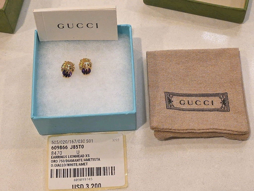 PETITE Gucci Lion Head 18K Gold, Amethyst & Diamond Earrings