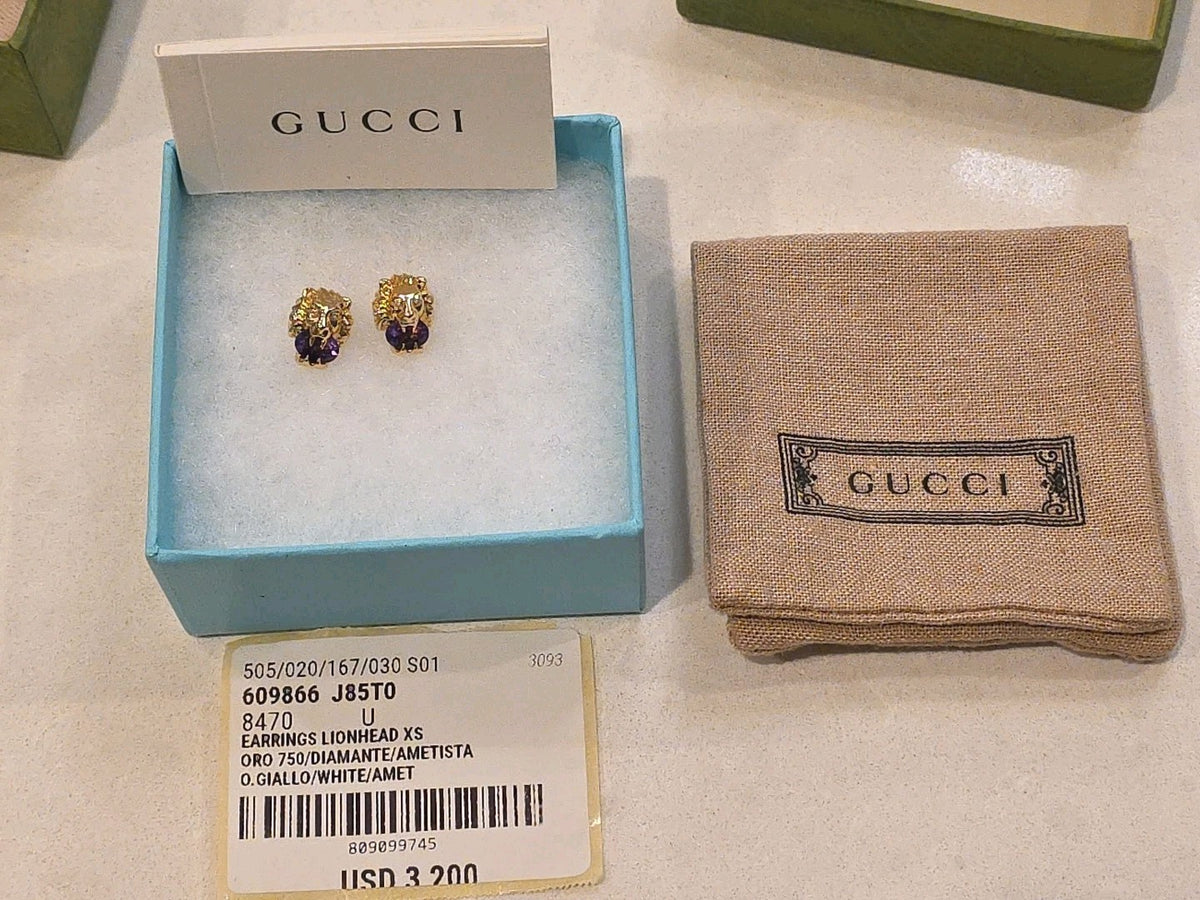 PETITE Gucci Lion Head 18K Gold, Amethyst & Diamond Earrings