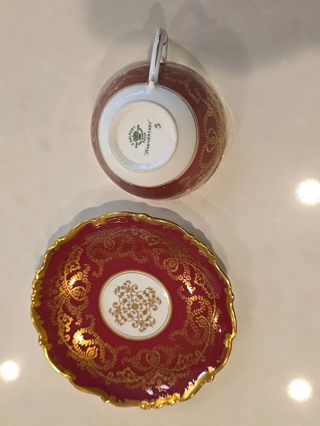 Coalport England Bone China  Anniversary Cobalt Maroon Gold Tea Cup & Saucer