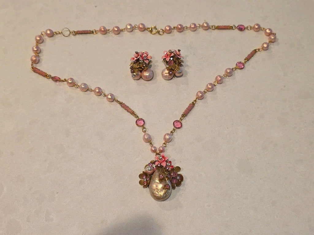 Rare Unmarked Mariam Haskell Pink & Pearl Ornate Classic Necklace & Earrings Set