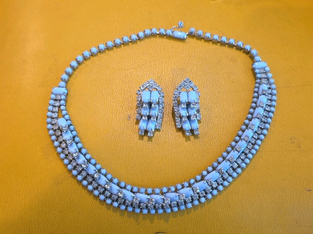 Vintage Kramer Blue Rhinestone Statement Pieces Necklace Bracelet Earrings