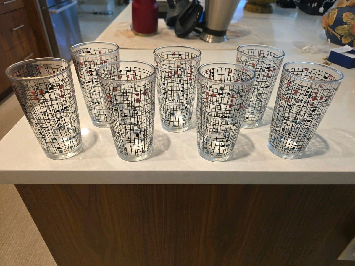 (7) Vintage 1950’s Hazel Atlas Geometric Crosshatch Drinking Glasses Tumblers
