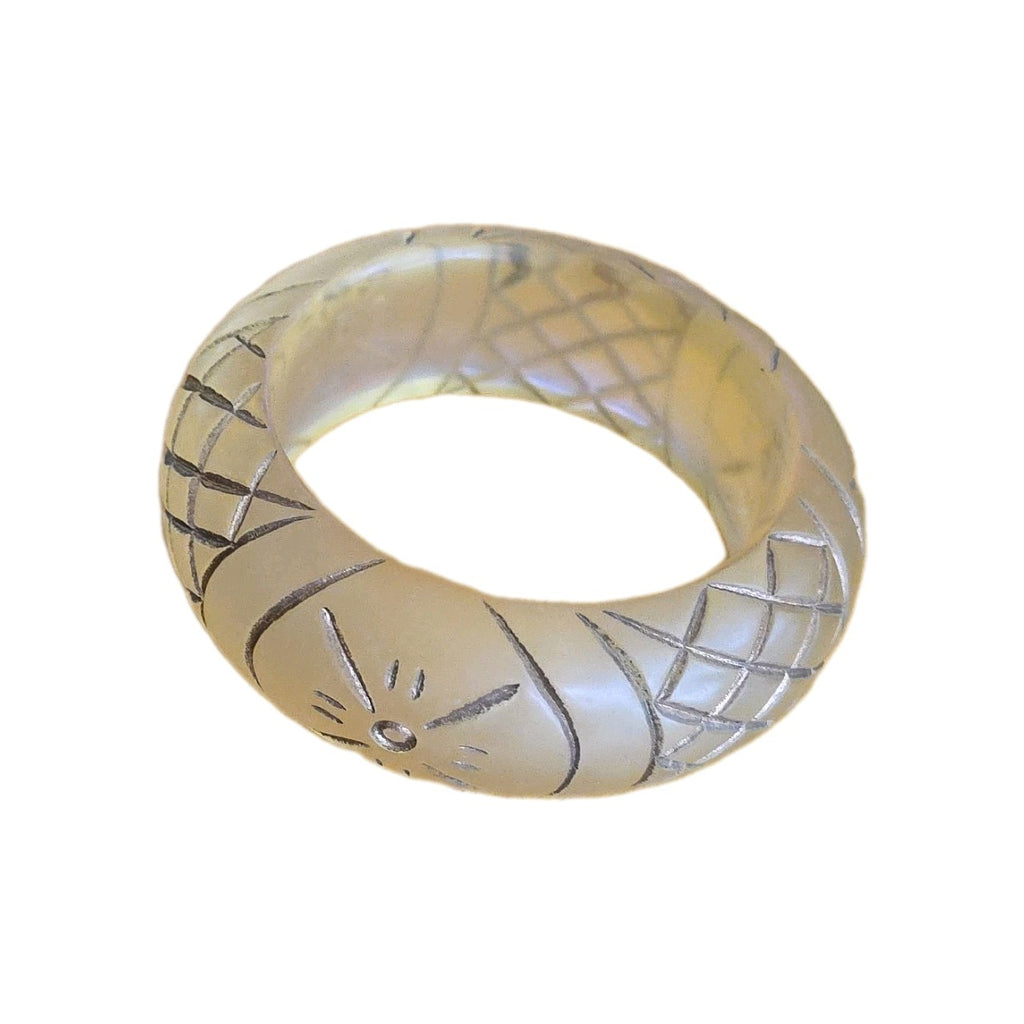 Vintage Chunky Bangle Bracelet Lucite Off-White Incised Carved