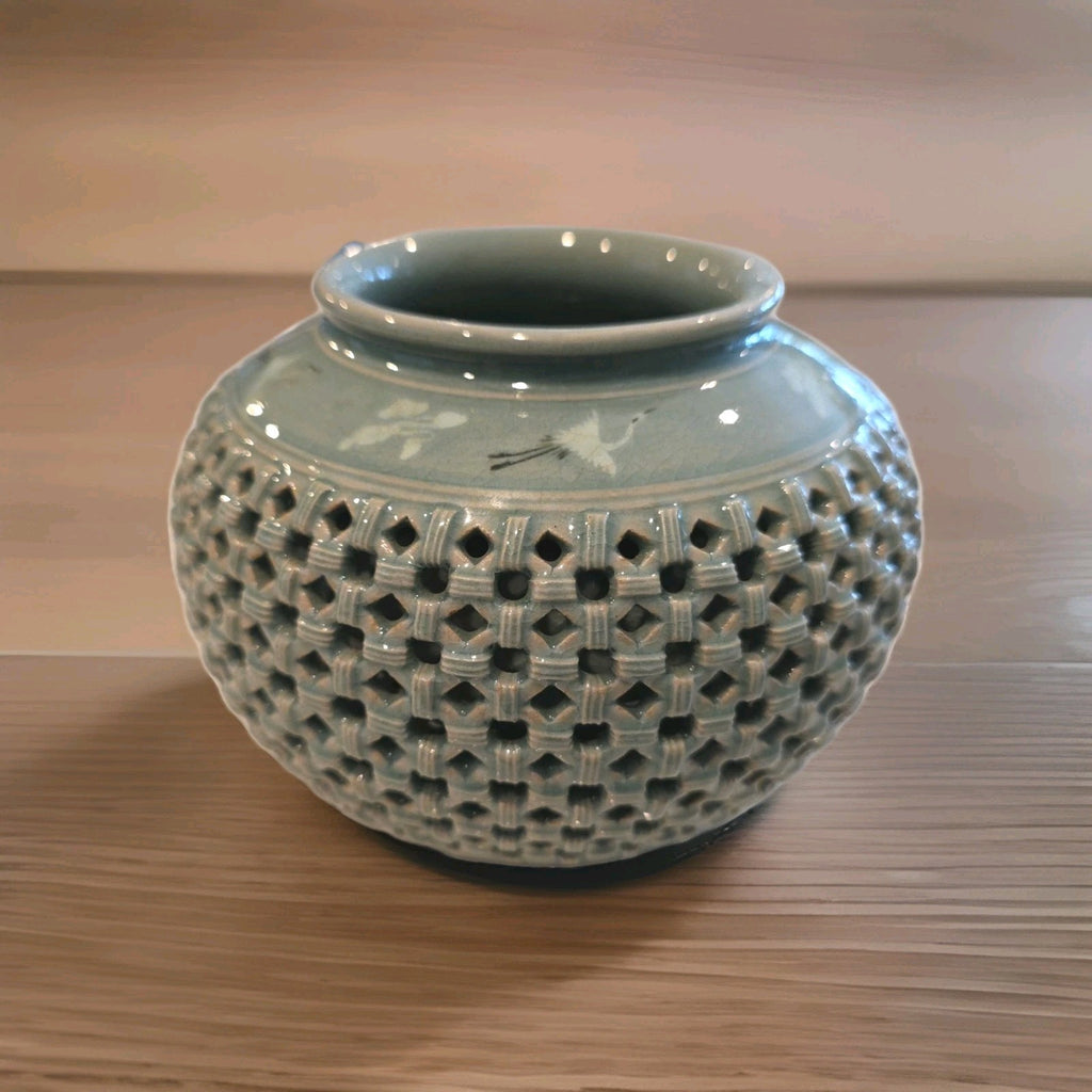 Midcentury Reticulated Korean Togetsu Celadon Vase With Flying Birds 6" Tall
