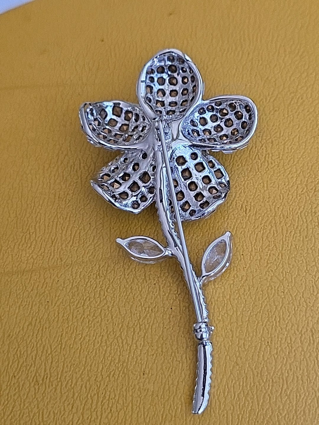 Vintage Flower Brooch Pin in Sterling with Rhinestones
