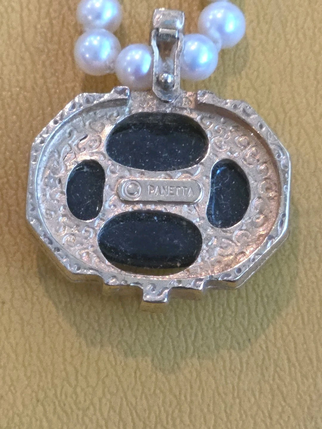 VTG PANETTA BLACK CABOCHON & RHINESTONE ENHANCER + MARVELLA FAUX PEARL NECKLACE