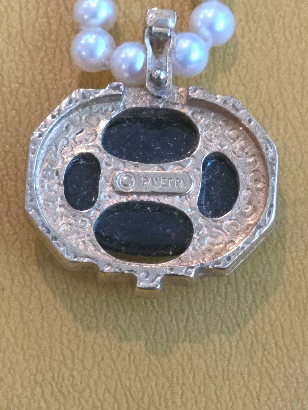 VTG PANETTA BLACK CABOCHON & RHINESTONE ENHANCER + MARVELLA FAUX PEARL NECKLACE