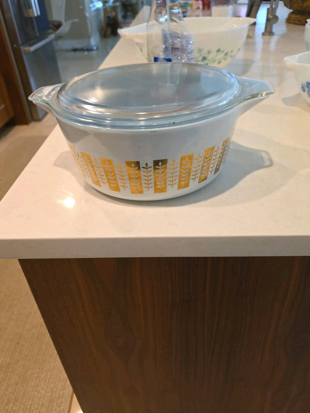 Vtg 1961 Pyrex 475-B Gourmet Gold Blue Casserole Dish 2.5qt