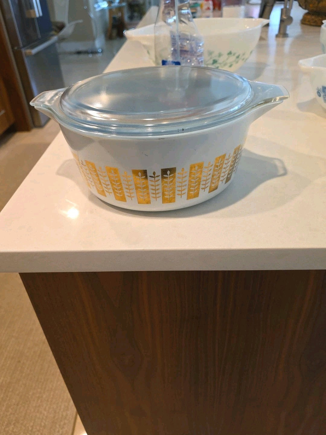 Vtg 1961 Pyrex 475-B Gourmet Gold Blue Casserole Dish 2.5qt