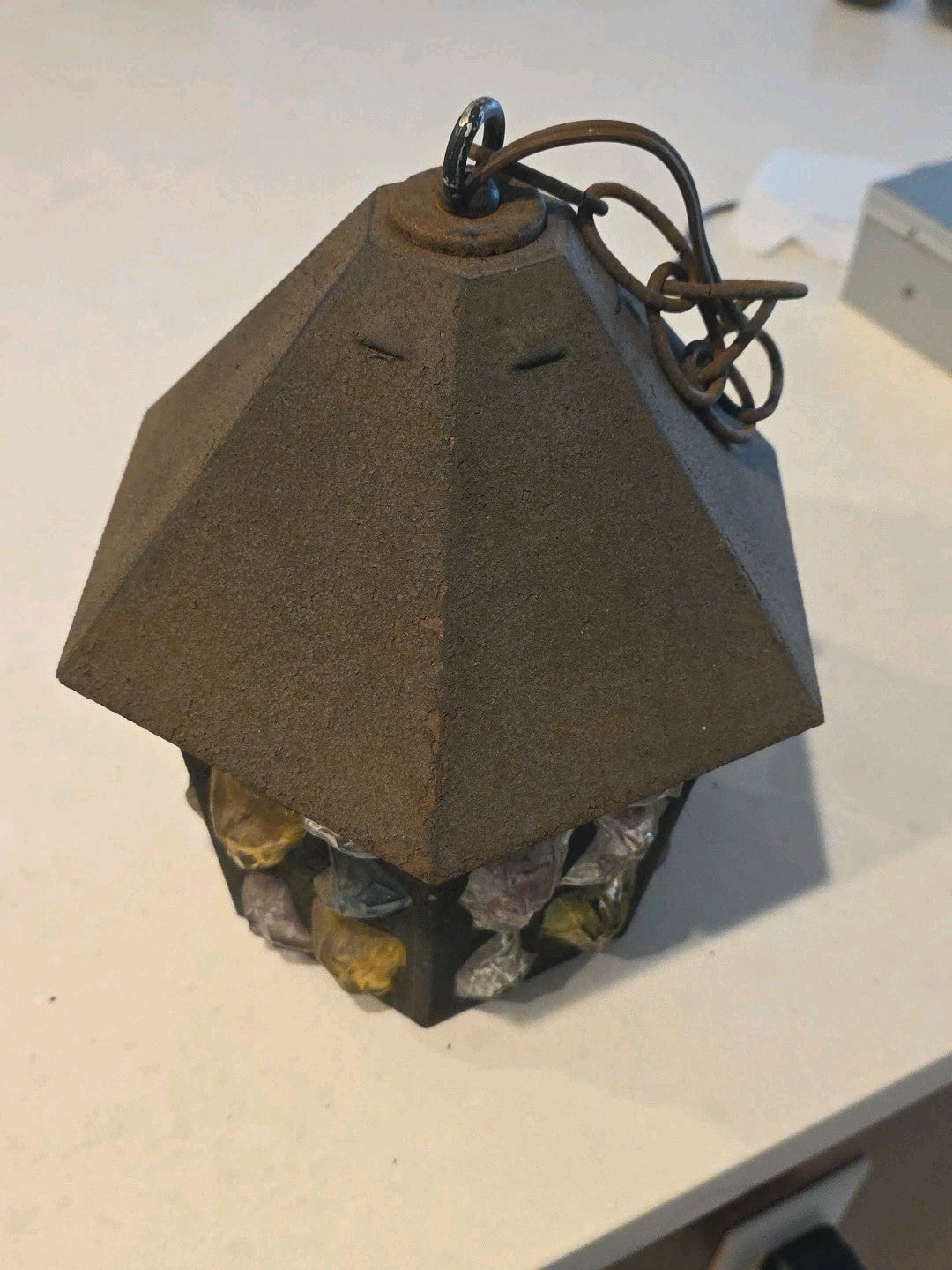 1950 Peter Marsh MultiColored Leaded Chunky Rock Glass Hanging Swag Lantern