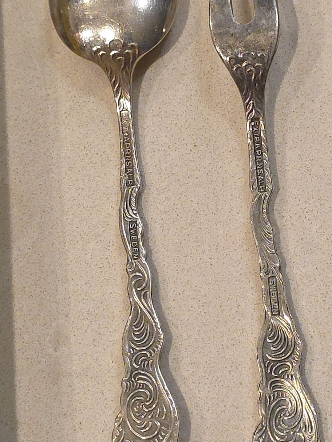 Nils Johan 4" Snail/Lemon Fork and 4" Demitasse Spoon from Sweden Floral pattern