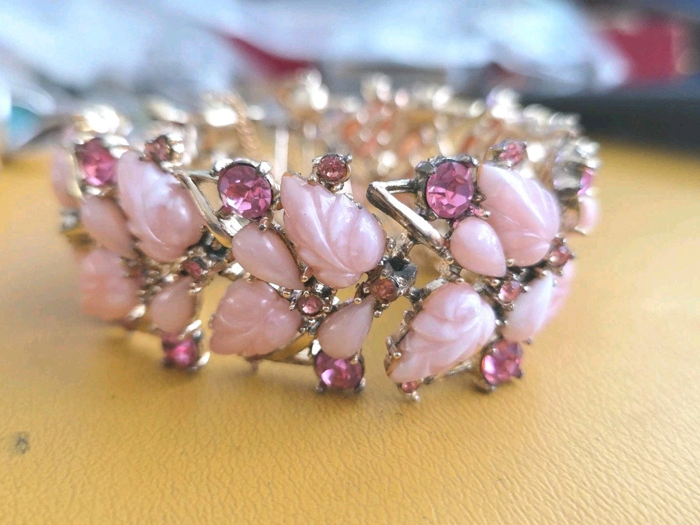 Vintage Rousseau Pink Resin Leaf Rhinestone Bracelet