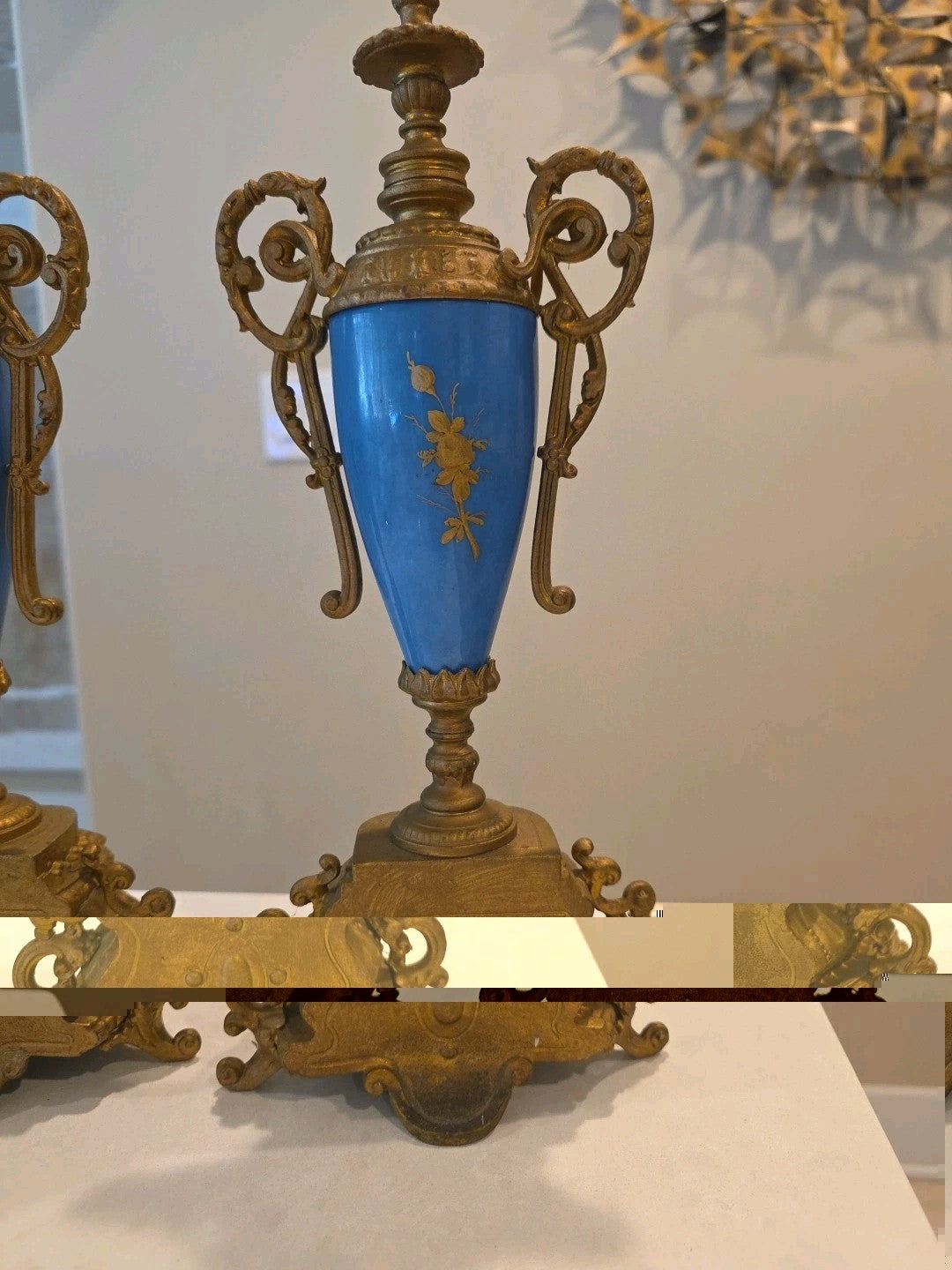 Pair 13" Sevres Style Hand Painted Porcelain Twin Handled Covered Urns