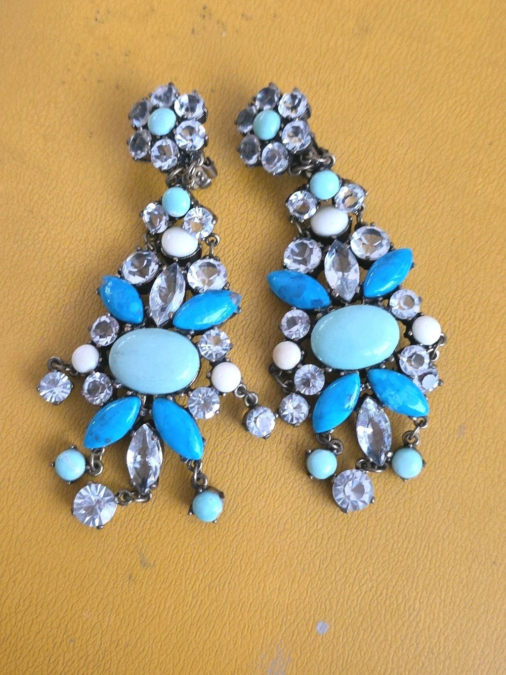 Hattie Carnegie Style Huge Turquoise Blue Cabochon Rhinestone Earrings