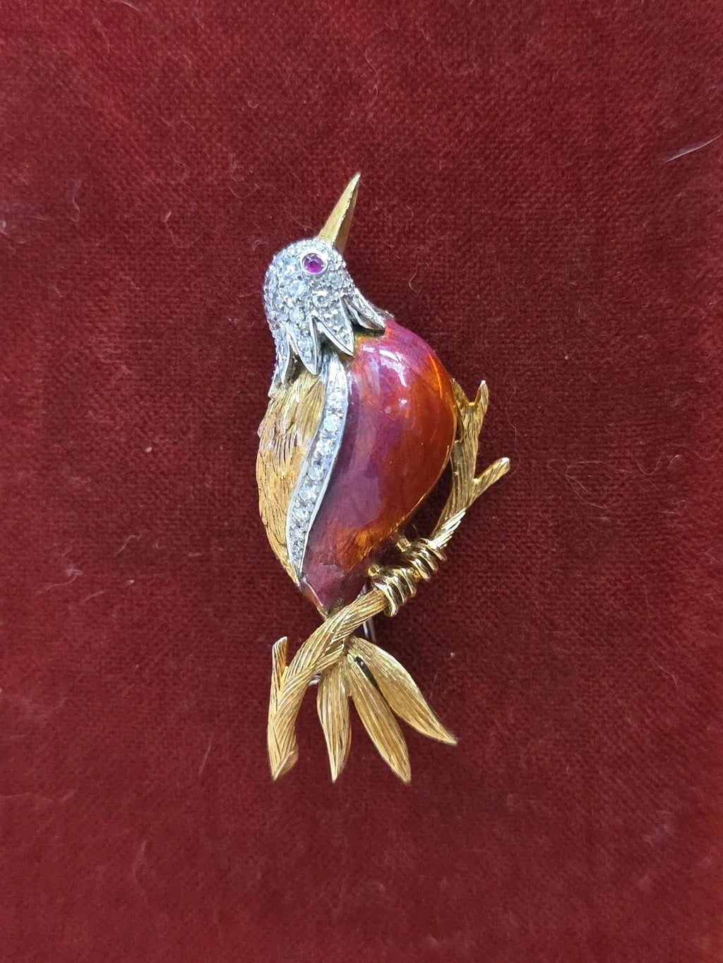 Retro Ruby Diamond Enamel 18k Yellow Gold Red Bird Brooch