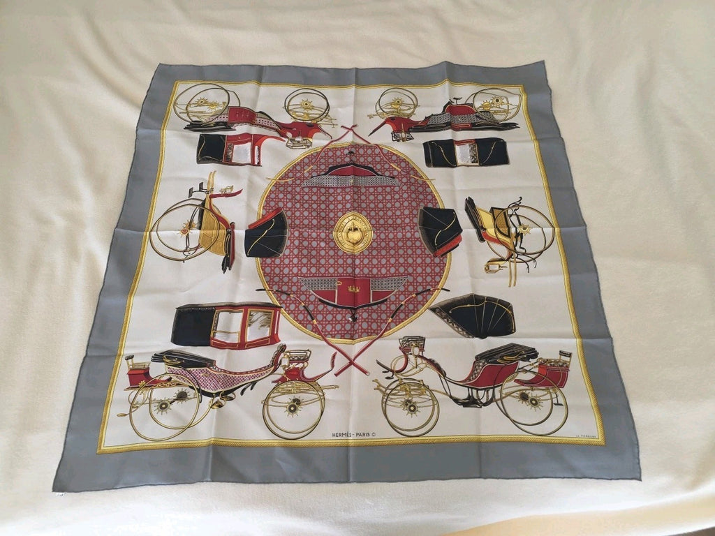 Hermes Scarf HERMES Scarf Carre 90 Silk Twill Carriage Motif Bordeaux White HERM